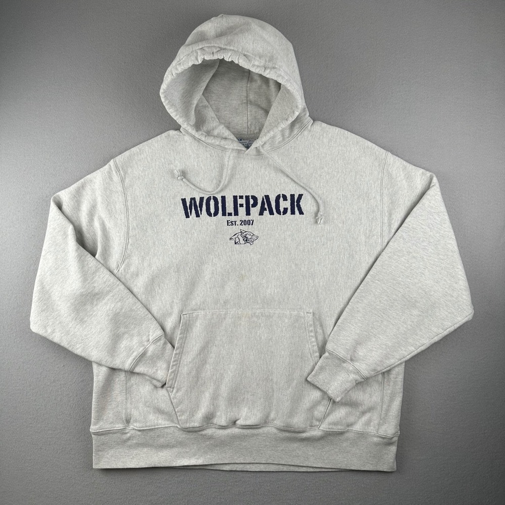 Champion Reverse Weave Hoodie Mens 2XL Gray Wolfpack Graphic Sweatshirt S101